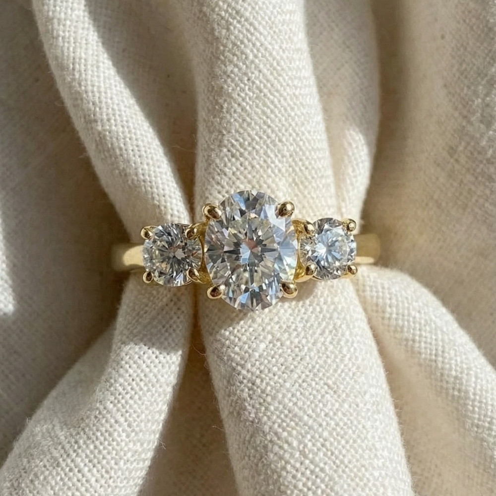 2Ct TWW Oval Lab Grown 3-Stone Diamond Engagement Ring in White or Yellow Gold (G-H, VS)