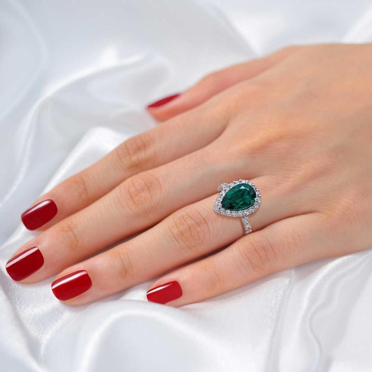 Pear Shaped Lab Emerald Engagement Ring