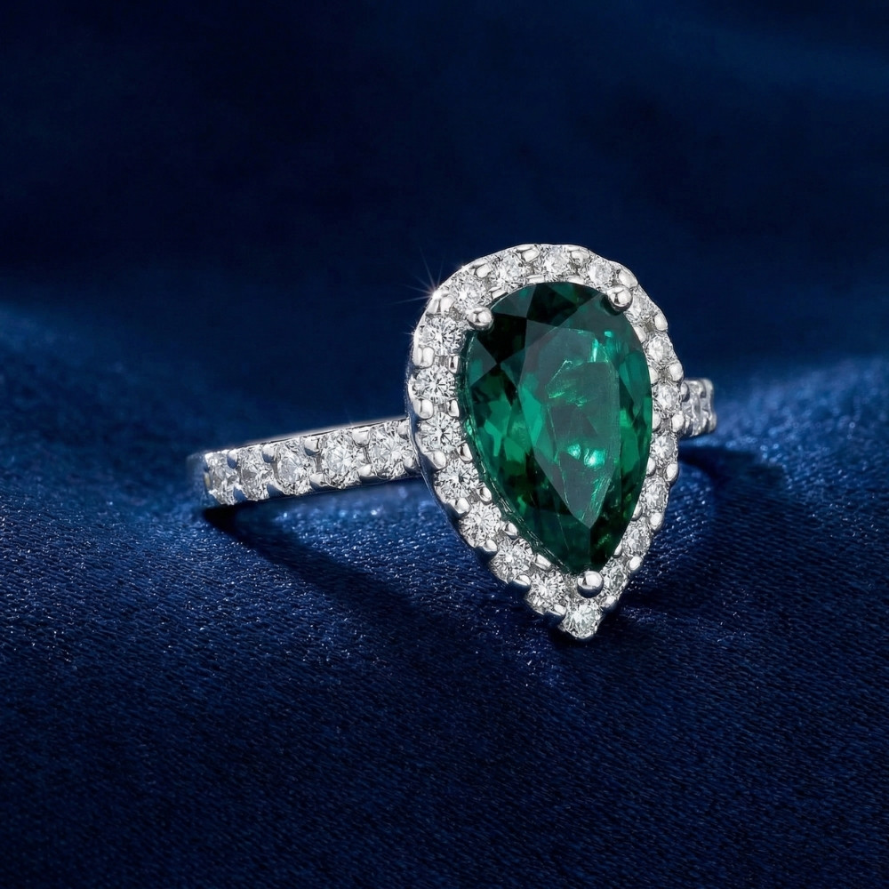 5Ct Pear Shape Emerald & Lab Grown Diamond Halo Ring in 10k White Gold (G-H, VS)