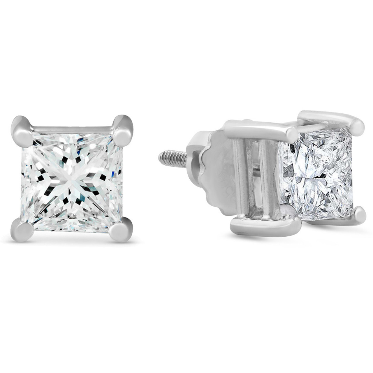 3 ct TDW Princess Cut Diamond Screw Back Studs 14k White Gold Lab