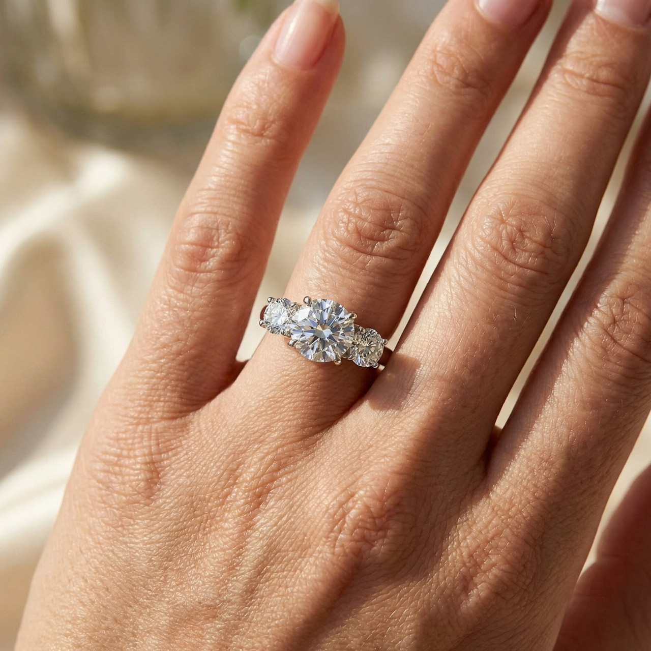 5 1/2Ct Three Stone Lab Grown Diamond Engagement Ring White Yellow or Rose Gold (G-H, VS2-SI1)