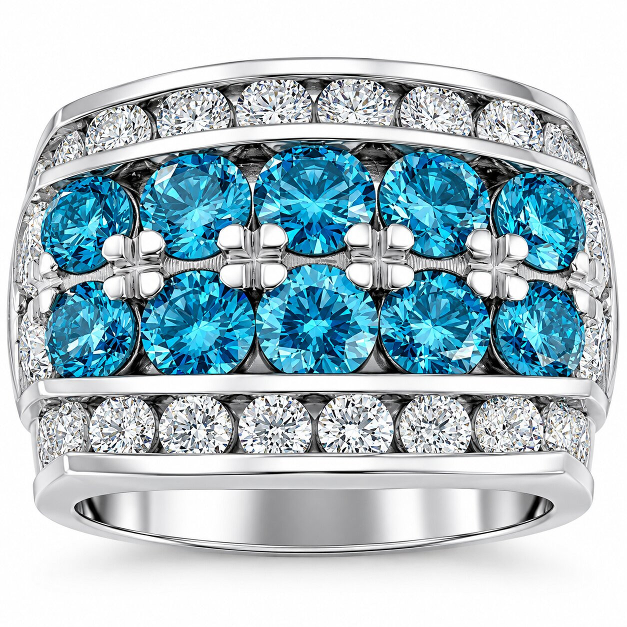7Ct Blue Diamond Men's Four Row Anniversary Ring in 10k White Gold (Blue, VS)