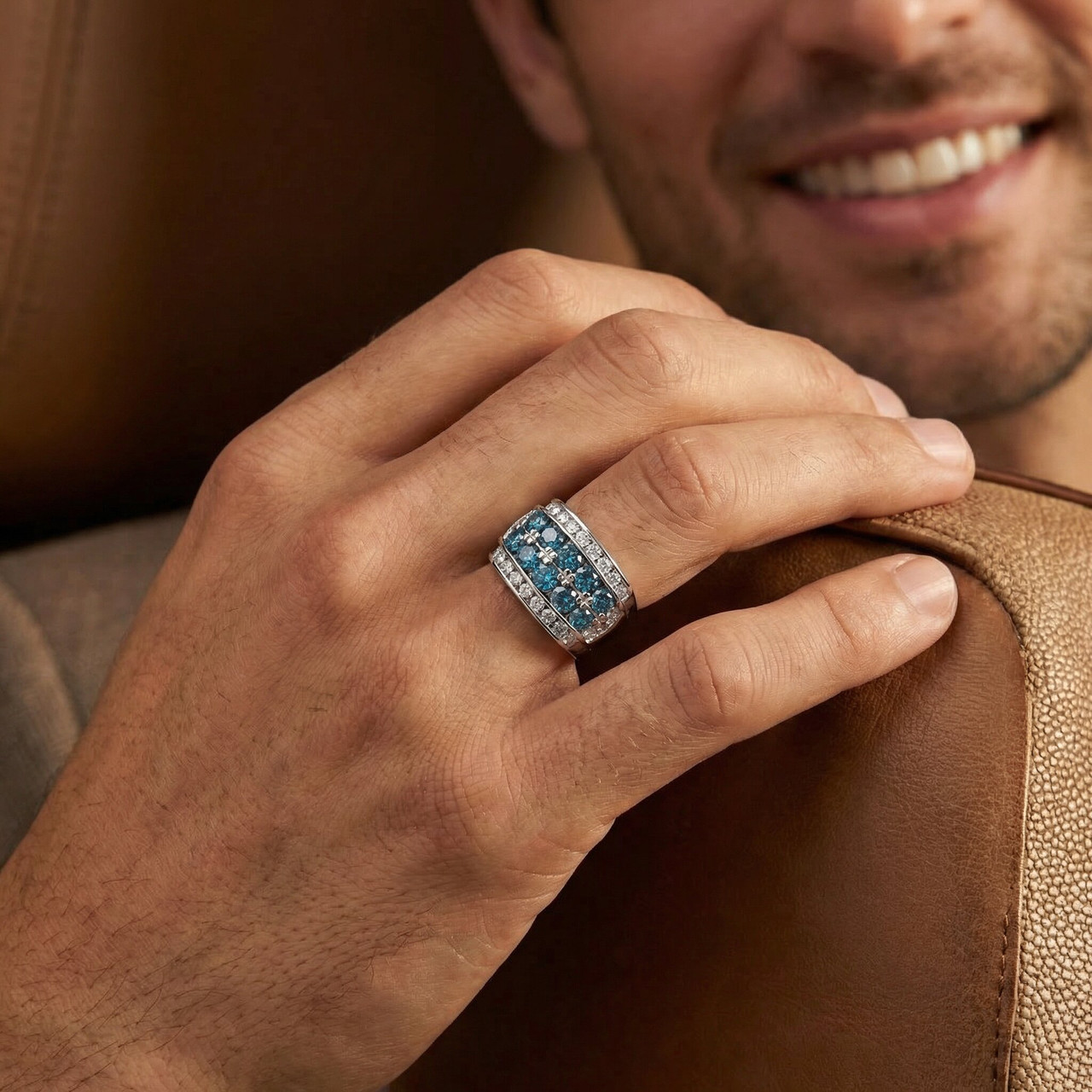 7Ct Blue Diamond Men's Four Row Anniversary Ring in 10k White Gold (Blue, VS)