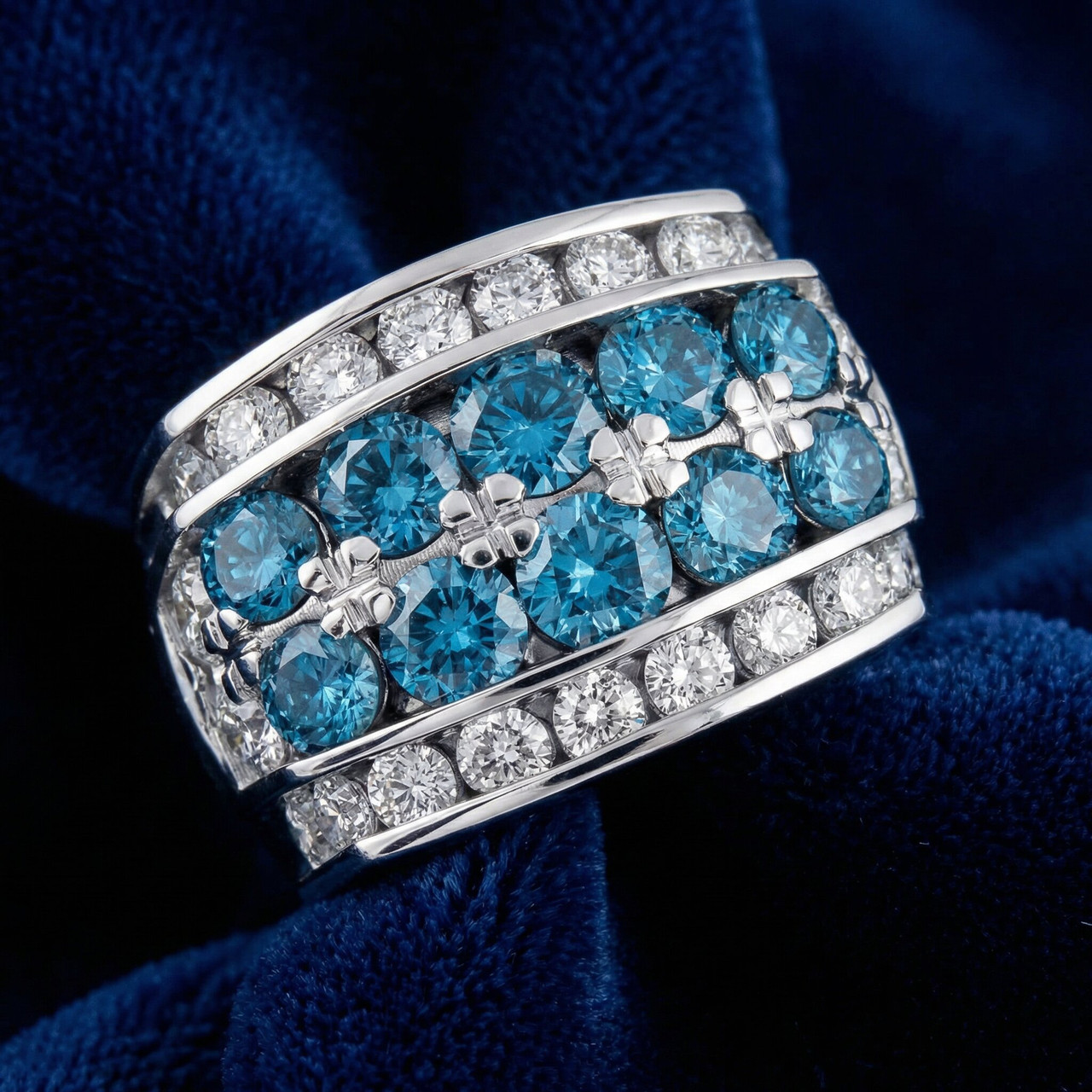 7Ct Blue Diamond Men's Four Row Anniversary Ring in 10k White Gold (Blue, VS)