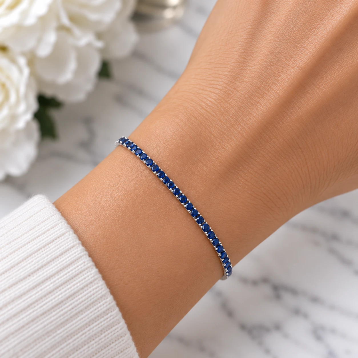 3 1/2ct Blue Sapphire Tennis Bracelet 14k White Gold 7"