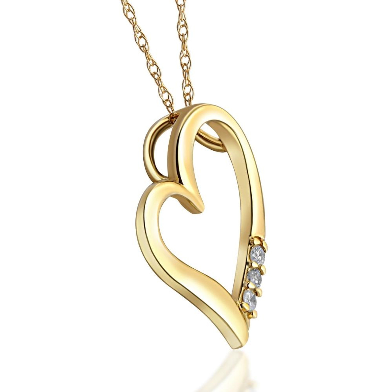 Diamond Heart Pendant Necklace 3-Stone 10K Yellow Gold
