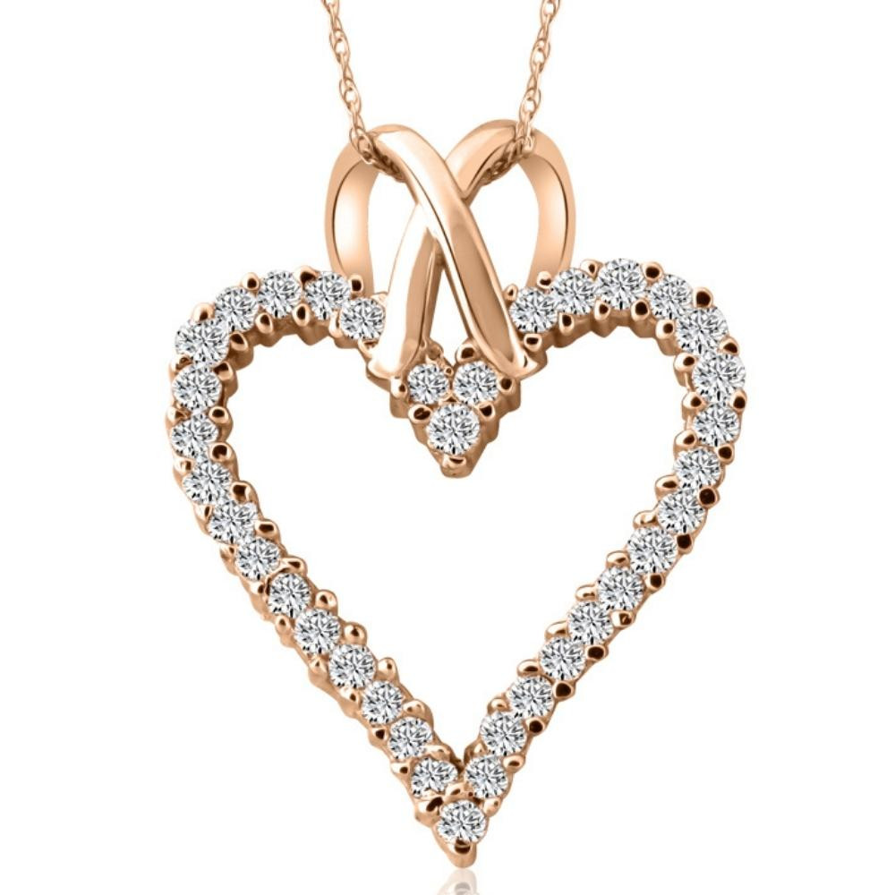 1 1/10ct Diamond Heart Pendant Necklace in 14K White, Yellow or Rose Gold 1 1/4" (G-H, I2-I3)