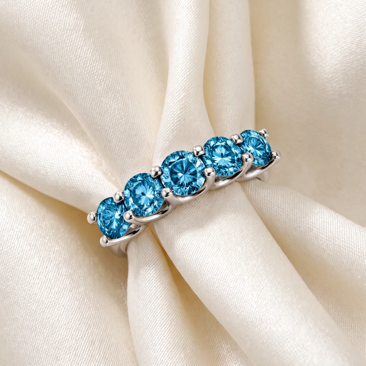 2Ct Blue Diamond Five Stone U Prong Wedding Ring in Gold Lab Grown (Blue, VS)