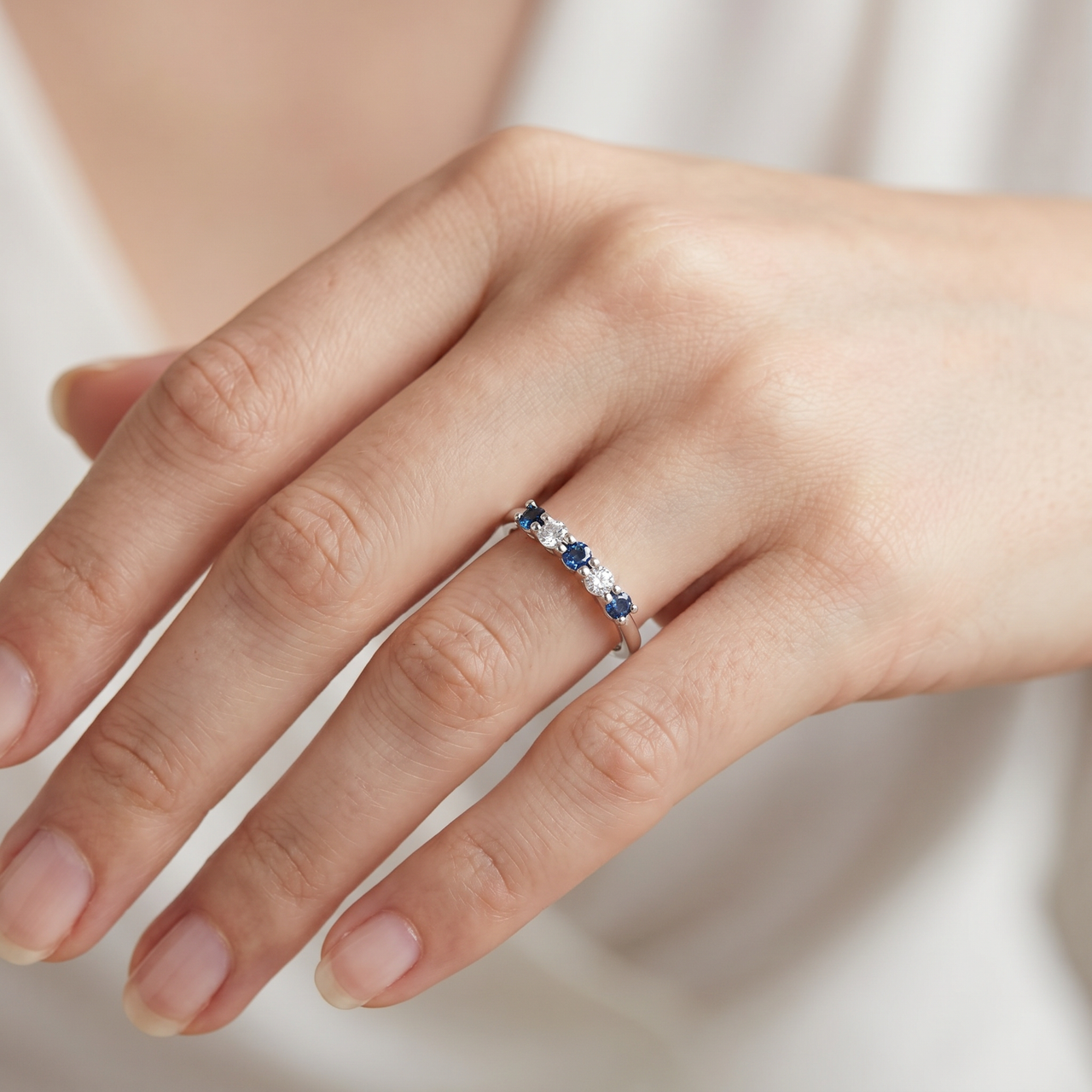 3/4Ct Blue & White Diamond Five Stone Wedding Ring in White Gold (G-H, SI)