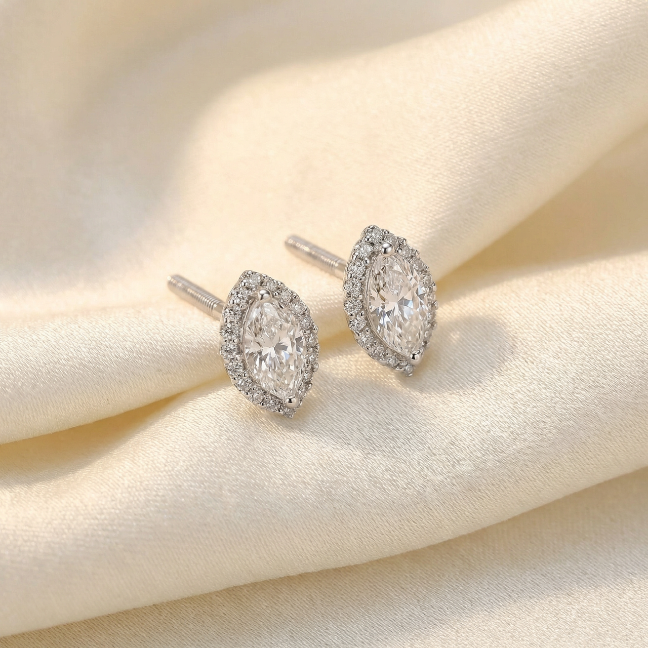 1/2Ct Marquise Halo Screw Back Diamond Studs White or Yellow Gold Earrings (G-H, I2-I3)