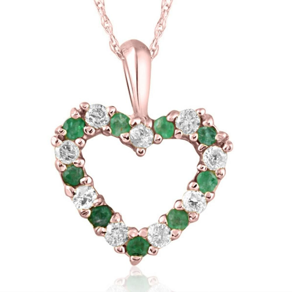 1/2ct Emerald & Diamond Heart Pendant Solid 14K White, Yellow, or Rose Gold 1/2" (G-H, I1)