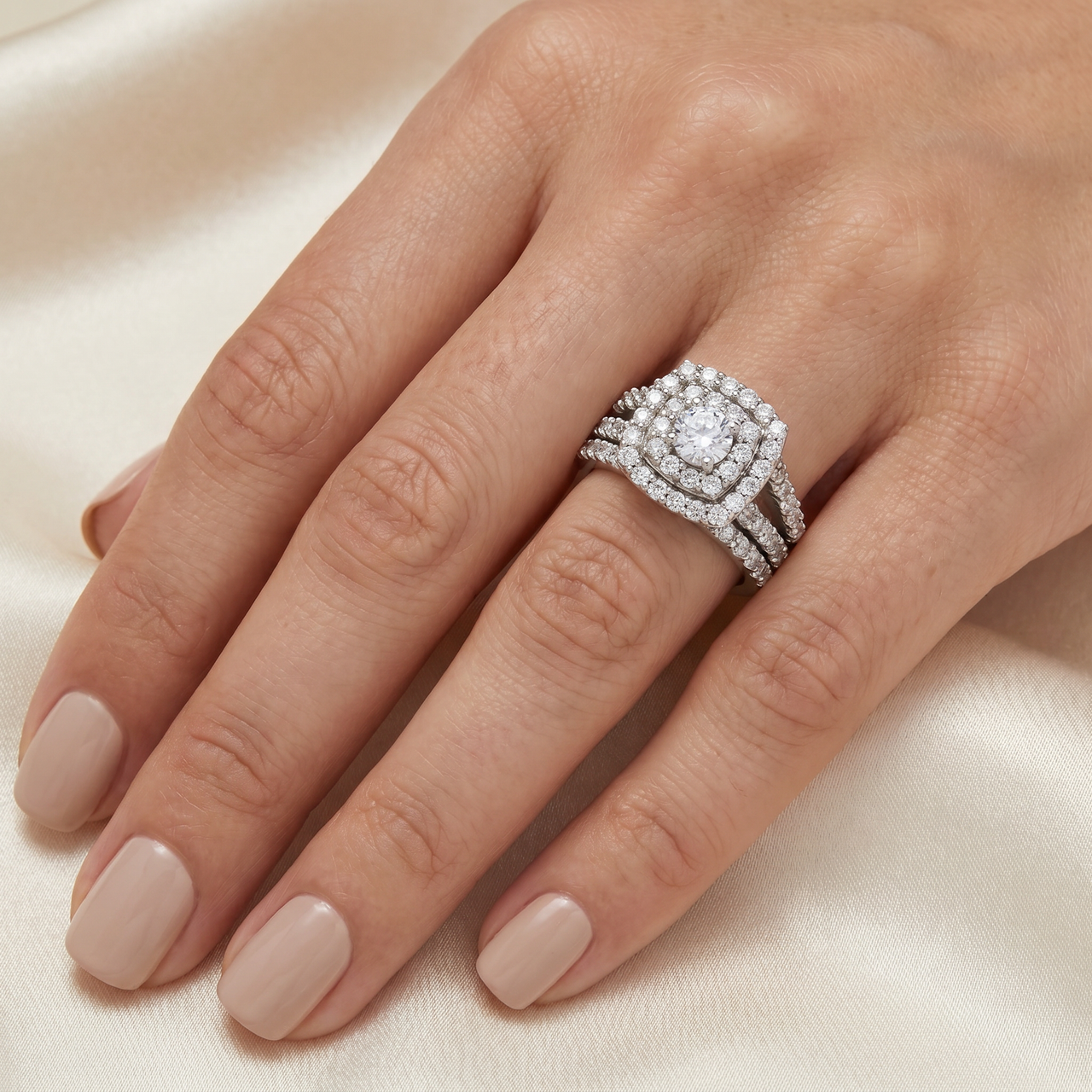 2 cttw Diamond Cushion Double Halo Engagement Wedding Ring Set 10k White Gold (I-J, I1)