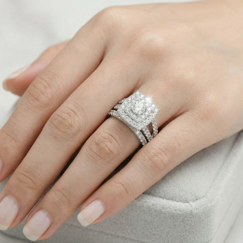 2 cttw Diamond Cushion Double Halo Engagement Wedding Ring Set 10k White Gold (I-J, I1)