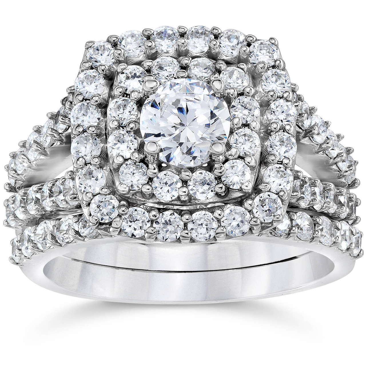 2 cttw Diamond Cushion Double Halo Engagement Wedding Ring Set 10k White Gold (I-J, I1)