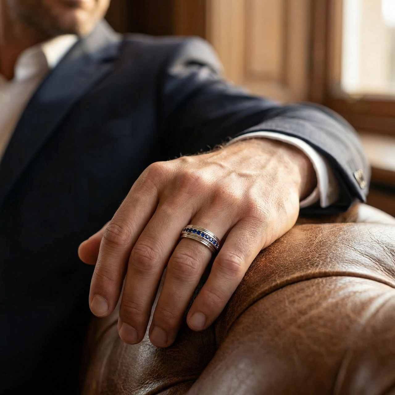 5/8Ct Blue Sapphire Band Men's Wedding Ring in White, Yellow, or Rose Gold