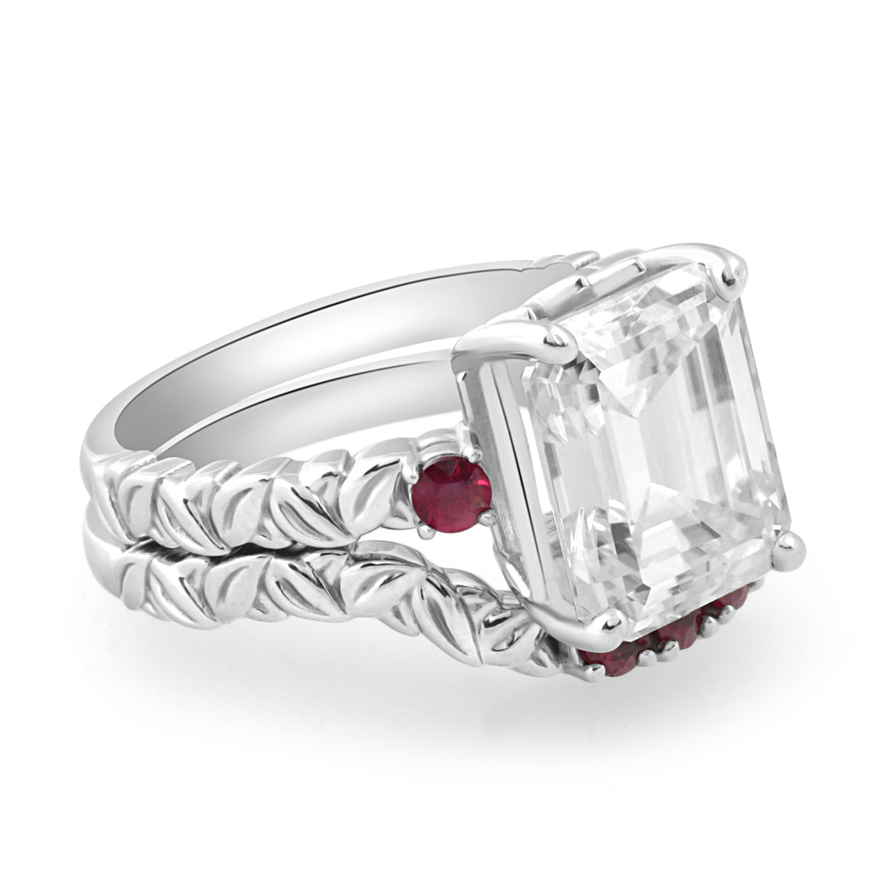 5 1/2Ct Ruby & Emerald Cut Moissanite Petite Leaf Engagement Set in Gold