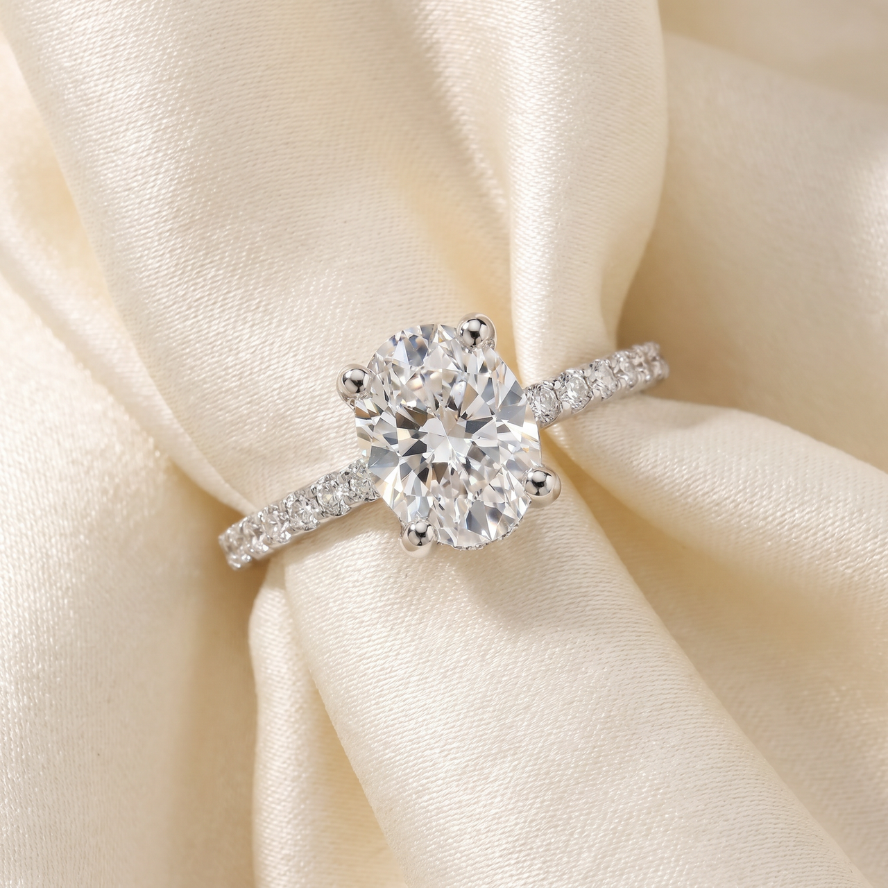 1 1/2Ct Oval Diamond Accents Engagement Ring White Yellow or Rose Gold Lab Grown (G-H, VS2-SI1)
