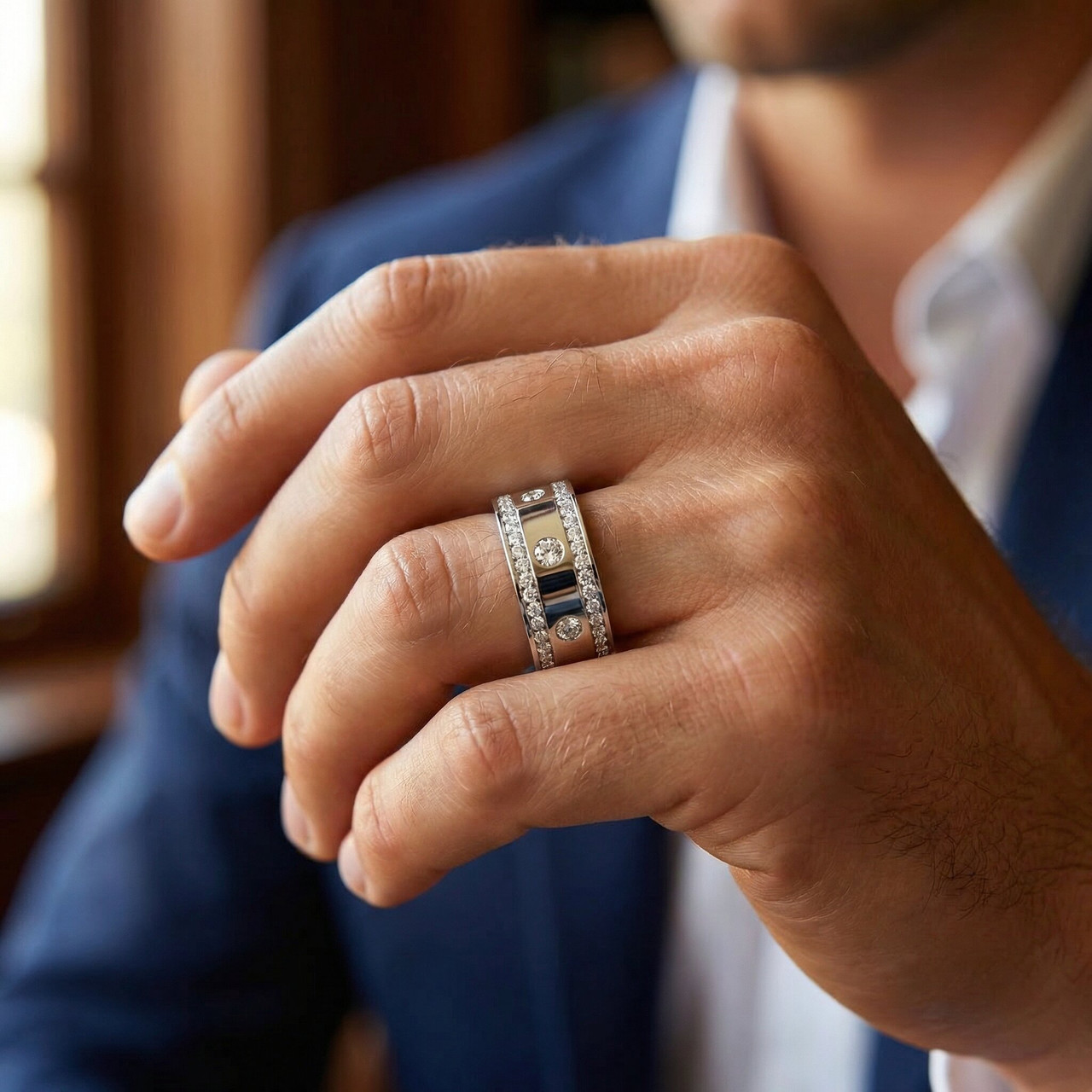 3 1/3ct Diamond Eternity 10mm Comfort Fit Wedding Mens Ring 14K White Gold (G-H, I1)