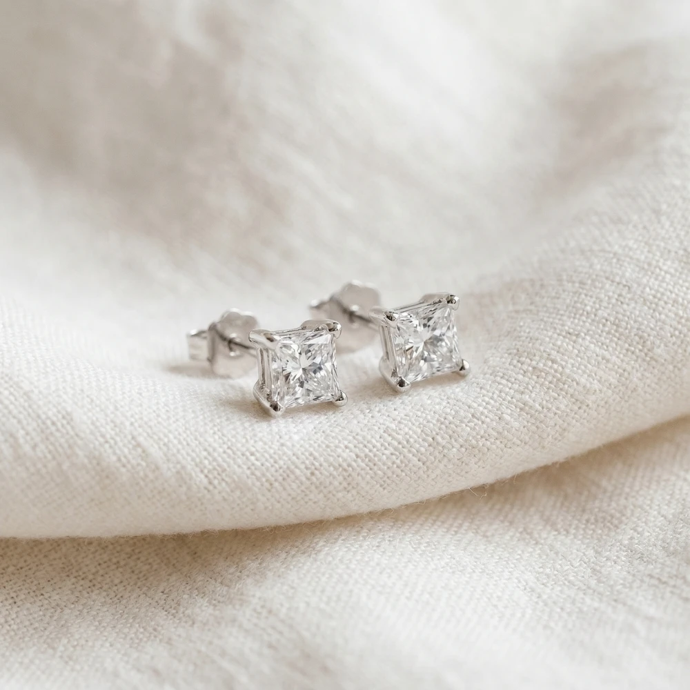 1ct Princess Cut Lab Grown Diamond Studs 14K White Gold (G-H, VS)