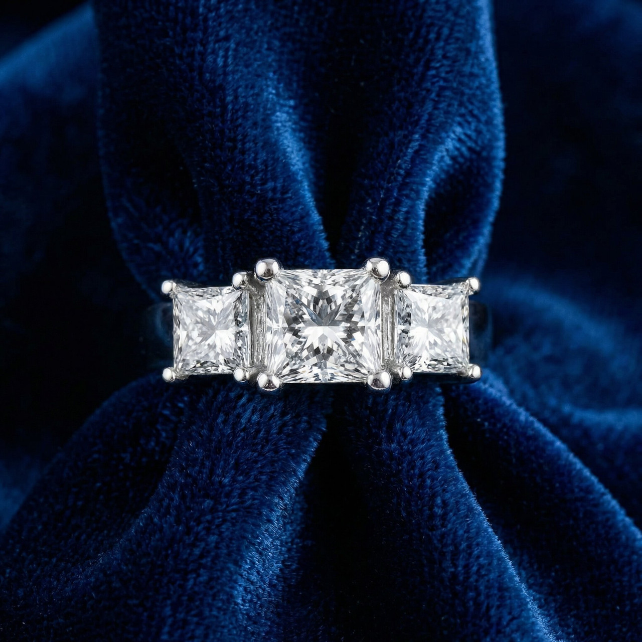 2ct 3 Stone Princess Cut Real Diamond Engagement Ring 14K White Gold (H-I, SI)