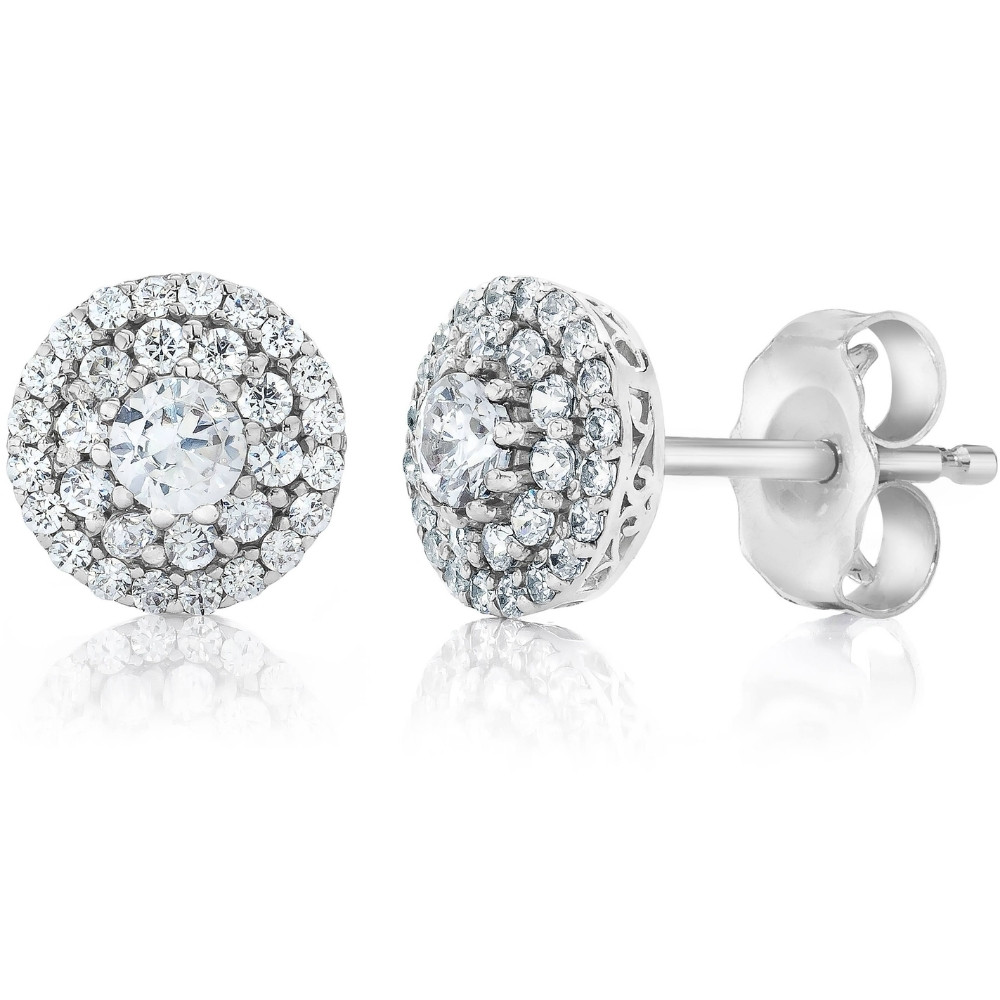 Double Halo Diamond Screw Back Studs 1/2 Carat TW 14K White Gold (H-I, I1)