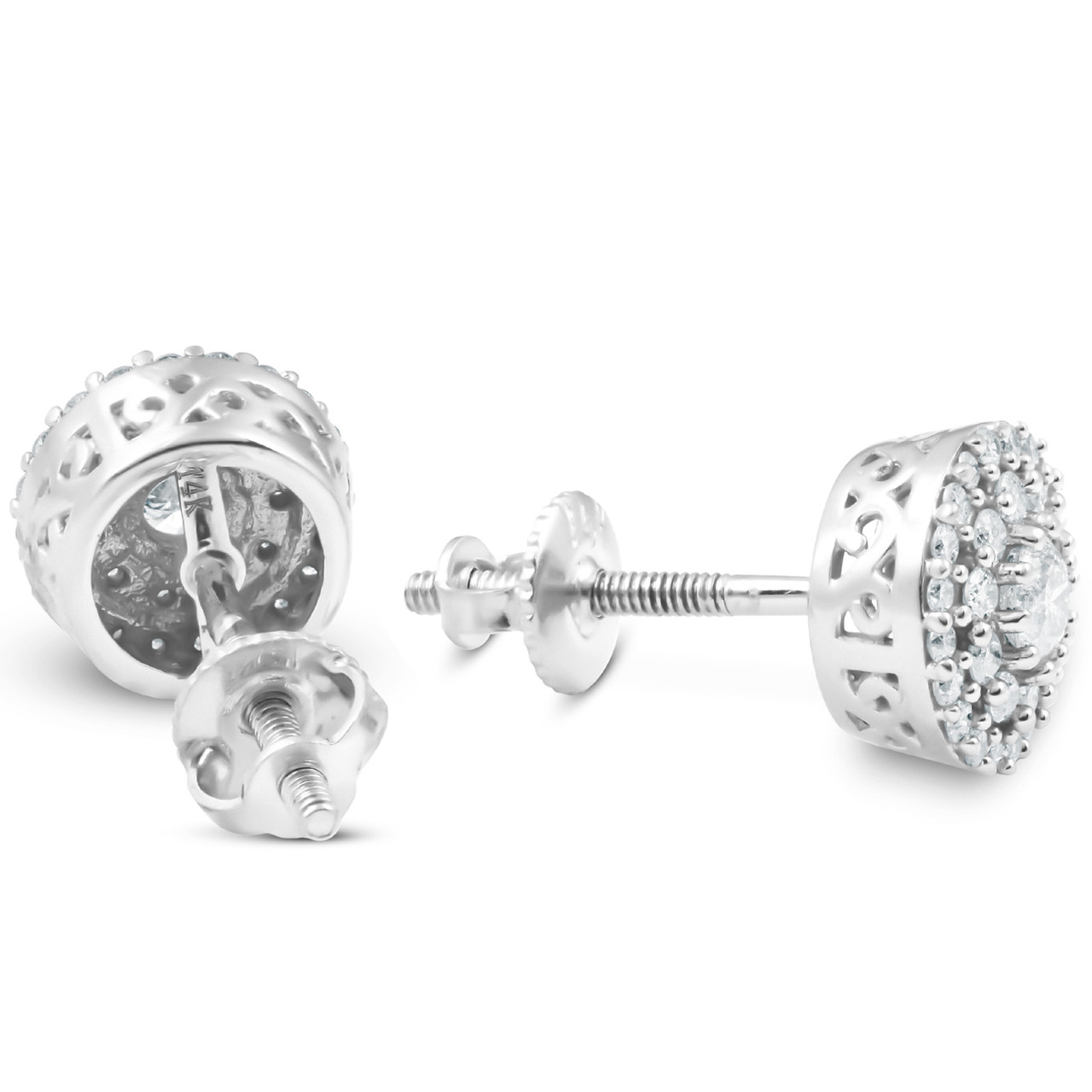 Double Halo Diamond Screw Back Studs 1/2 Carat TW 14K White Gold (H-I, I1)
