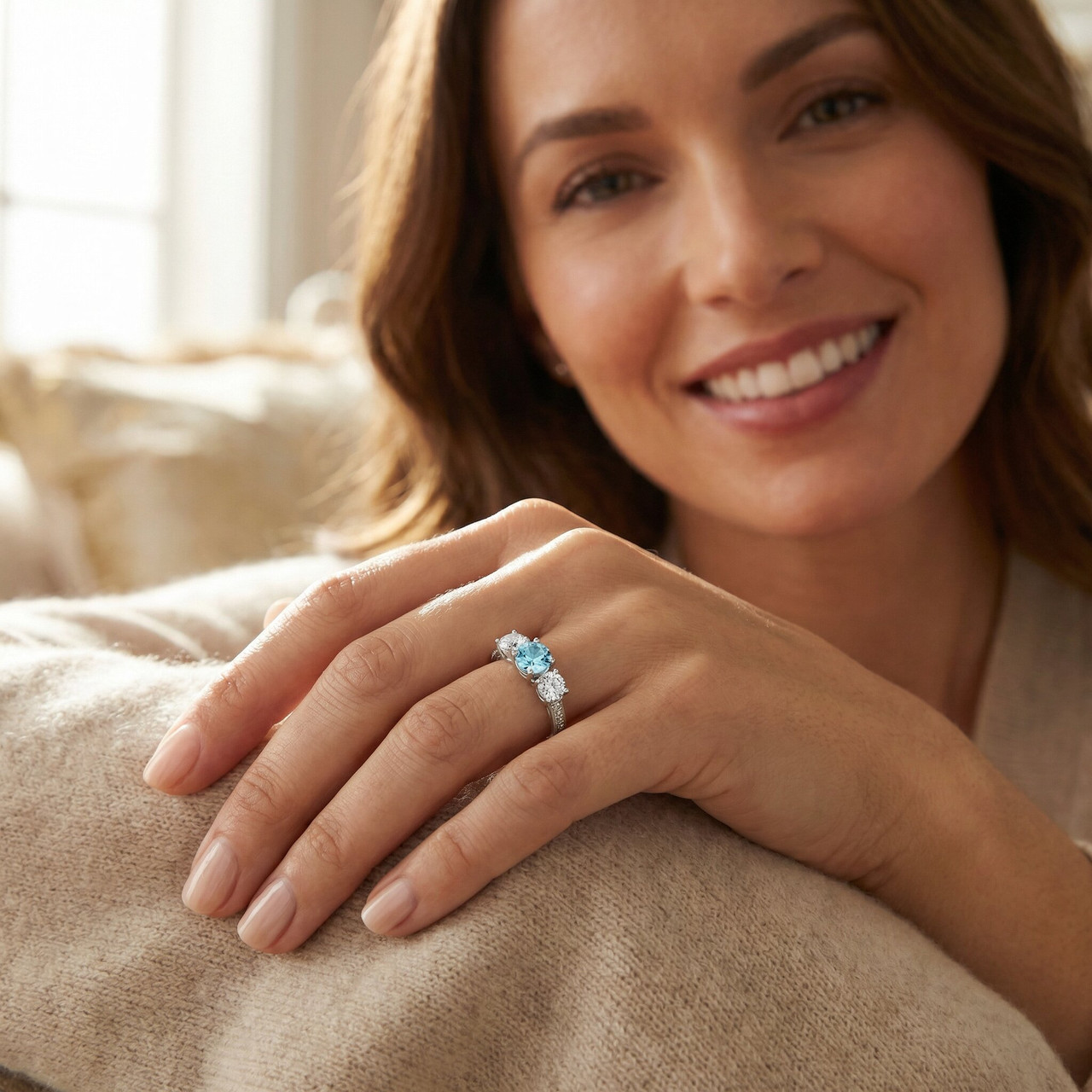 1 1/2Ct Blue Diamond 3-Stone Accent Engagement Ring in Gold Lab Grown (G-H, VS)