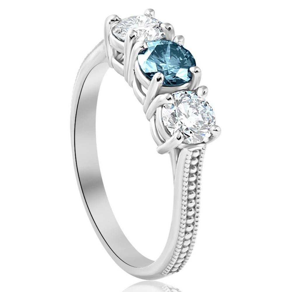 1 1/2Ct Blue Diamond 3-Stone Accent Engagement Ring in Gold Lab Grown (G-H, VS)