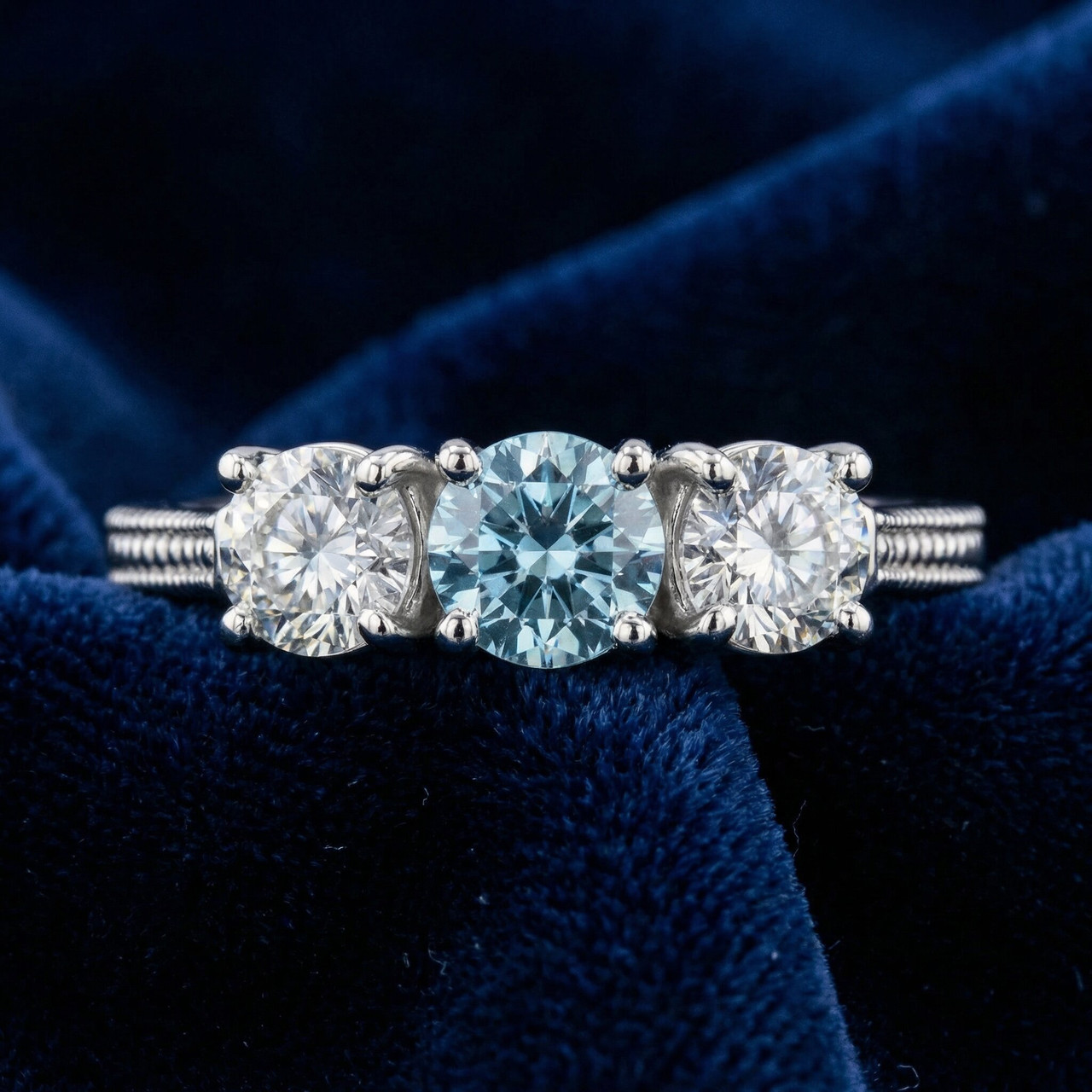 1 1/2Ct Blue Diamond 3-Stone Accent Engagement Ring in Gold Lab Grown (G-H, VS)