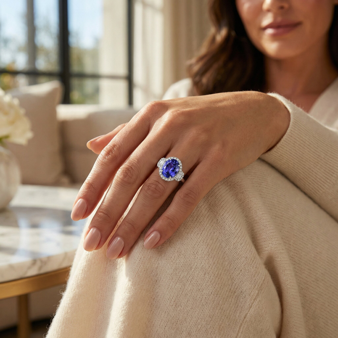 5Ct Oval Simulated Tanzanite Moissanite & Lab Grown Diamond Ring 10k White Gold (G-H, VS)