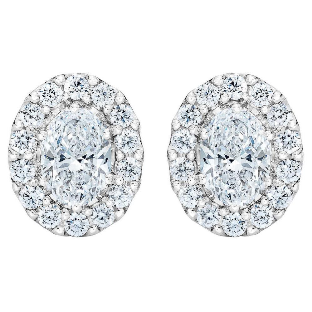 3/4Ct Oval Diamond Halo Earrings in White or Yellow Gold Lab Grown (G-H, VS2-SI1)