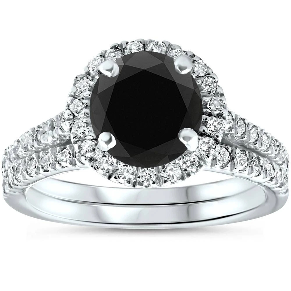 2 1/2 Ct Treated Black Diamond Halo Engagement Wedding Ring Set 14K White Gold (H-I, I1)