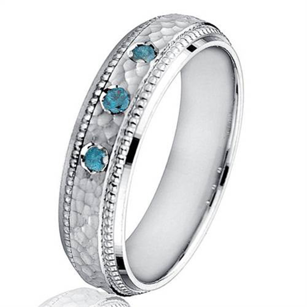 Mens Blue Diamond Hammered 10K White Gold Wedding Band (Blue, I1)