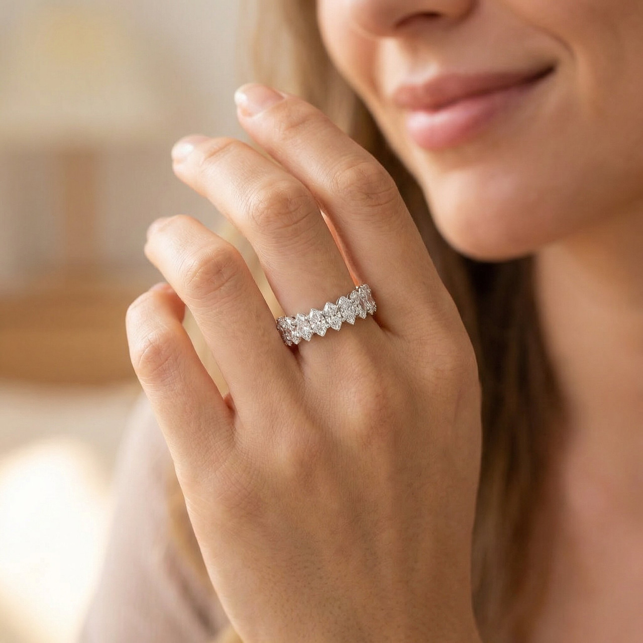 4Ct T.W. Marquise Cut Natural Diamond Eternity Wedding Ring White or Yellow Gold (G-H, I1)