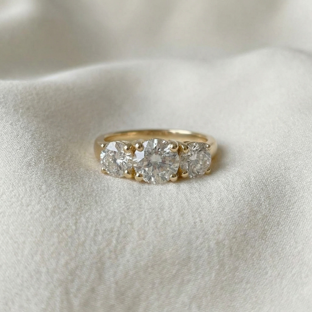 1 3/8ct Gold Three Stone Diamond Ring 14K Yellow Gold (G-H, I1)