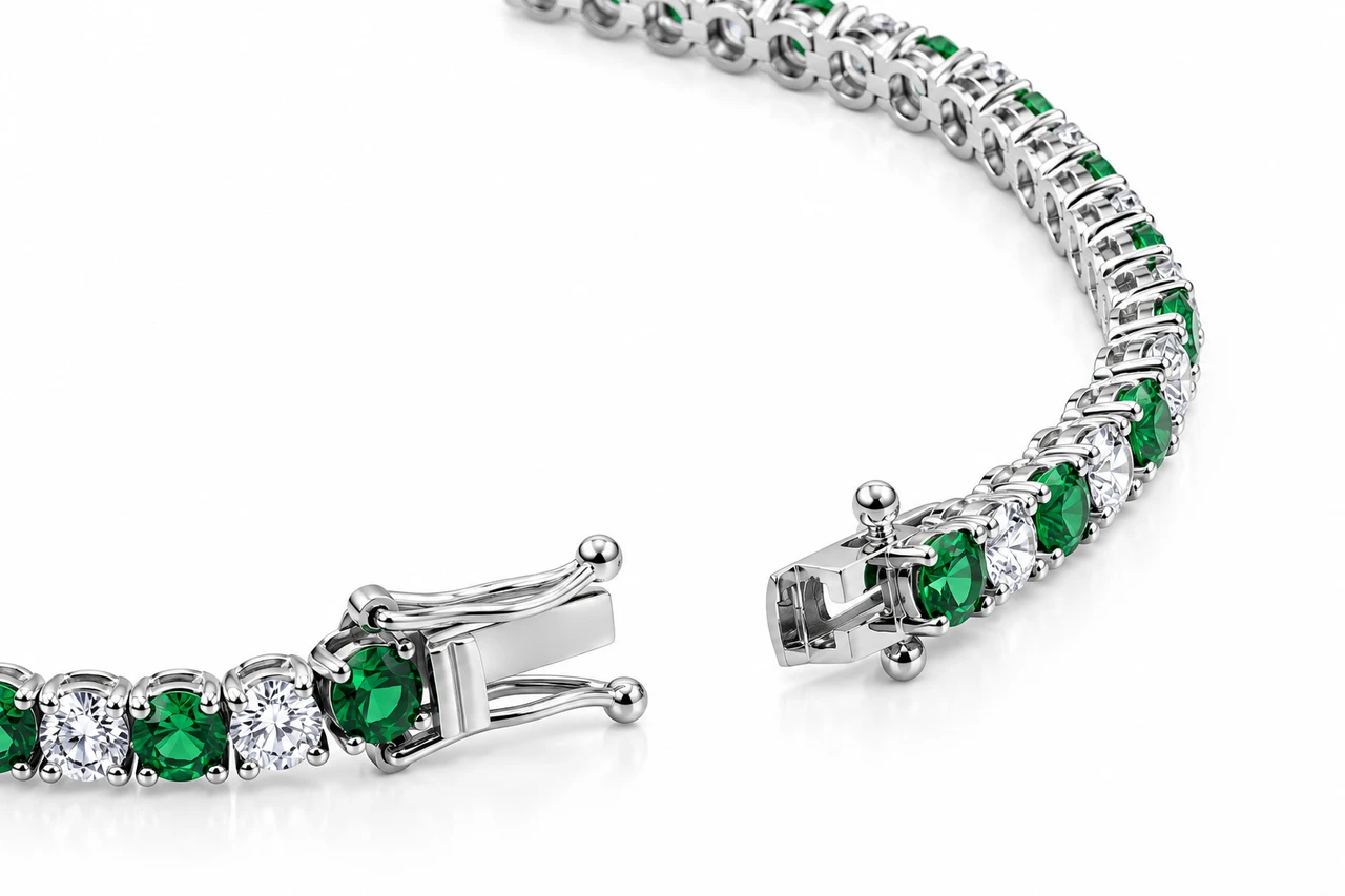 8ct Emerald & Diamond Tennis Bracelet 14K White Gold 7" (G-H, I1)