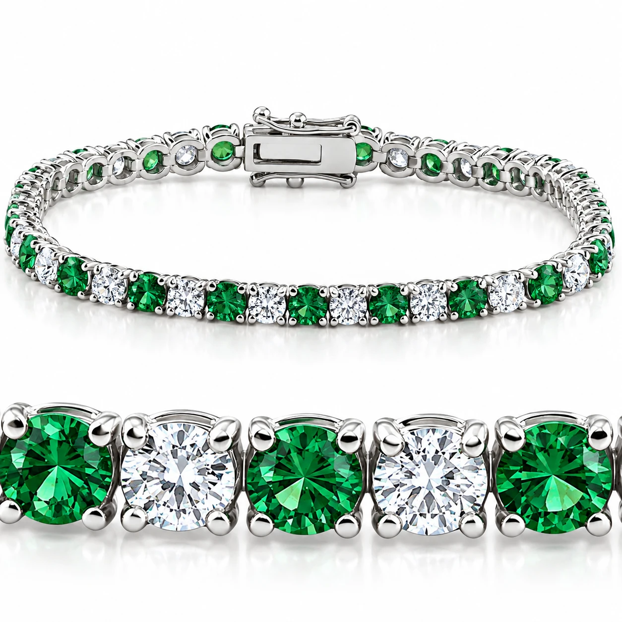 8ct Emerald & Diamond Tennis Bracelet 14K White Gold 7" (G-H, I1)