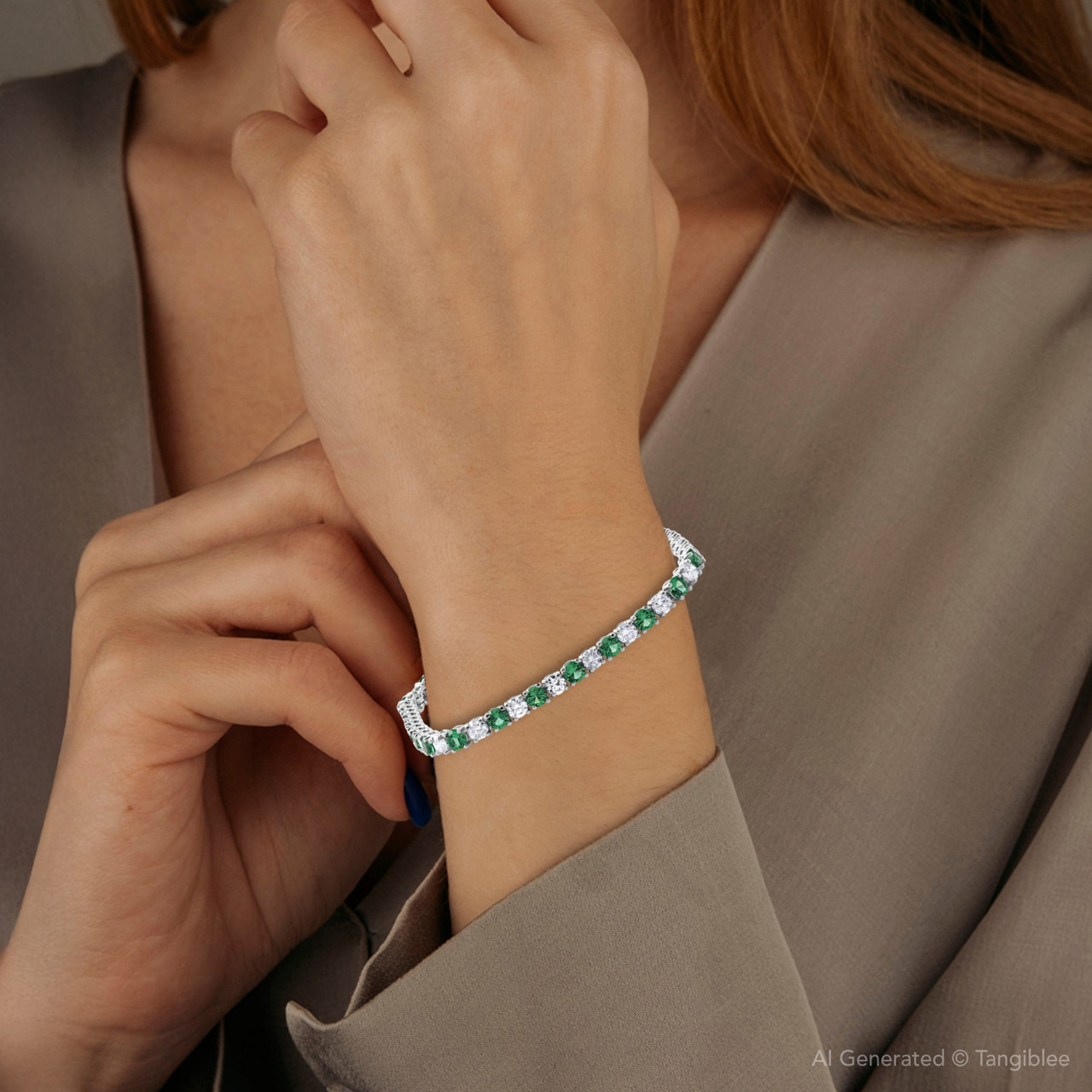 8ct Emerald & Diamond Tennis Bracelet 14K White Gold 7" (G-H, I1)