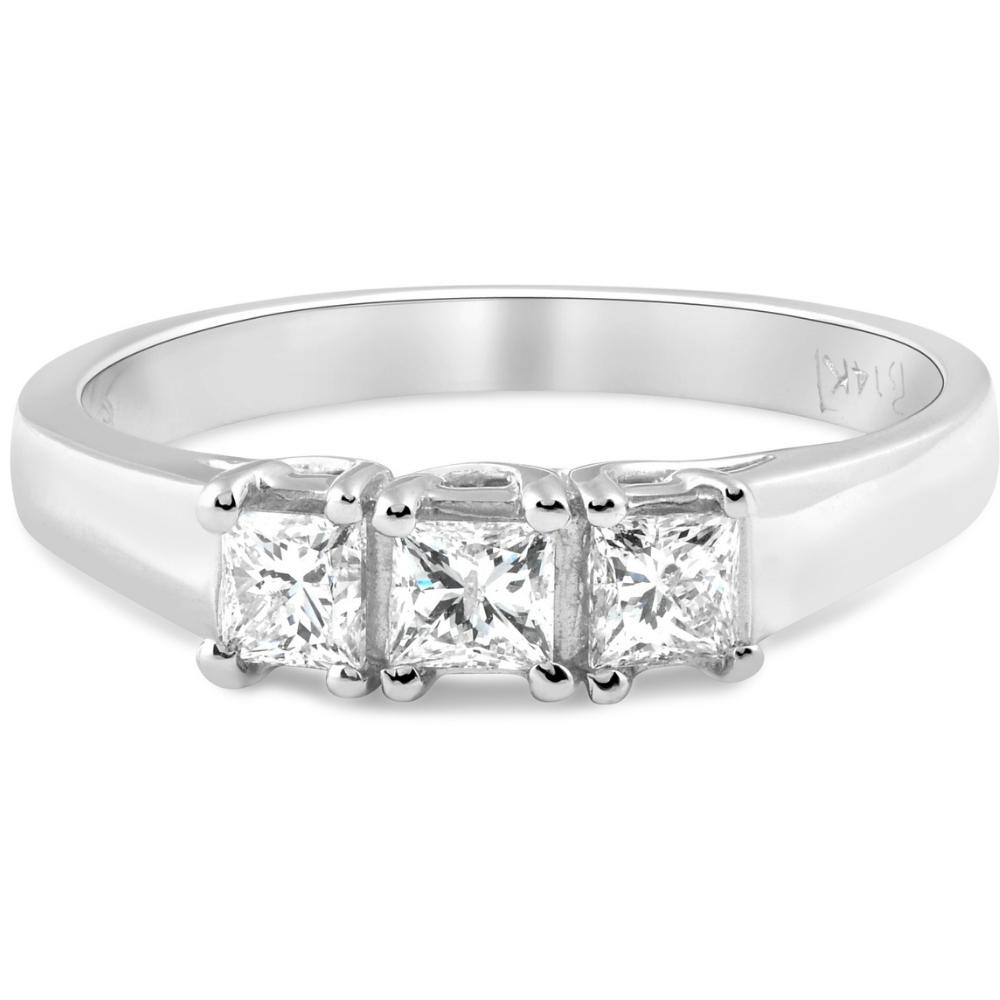 1ct Three Stone Princess Cut Diamond Ring 14K White Gold (H-I, I1)