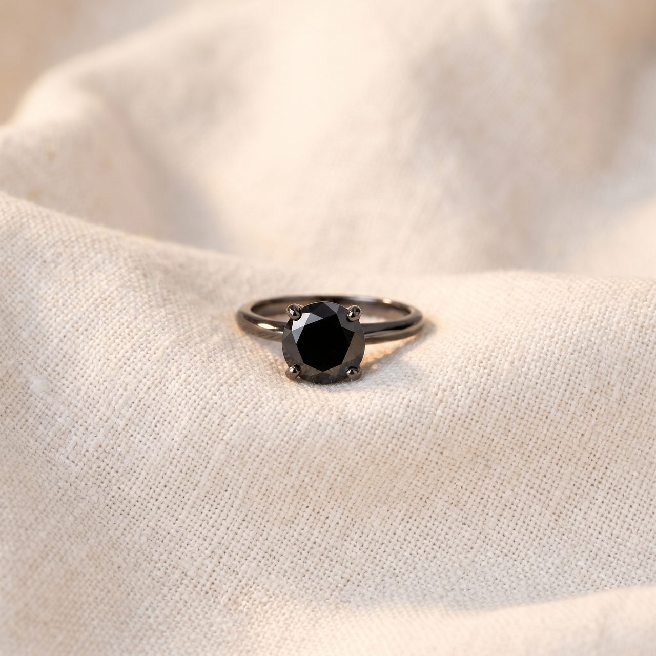 8MM Black Spinel Solitaire Round Engagement Ring 14k White Gold