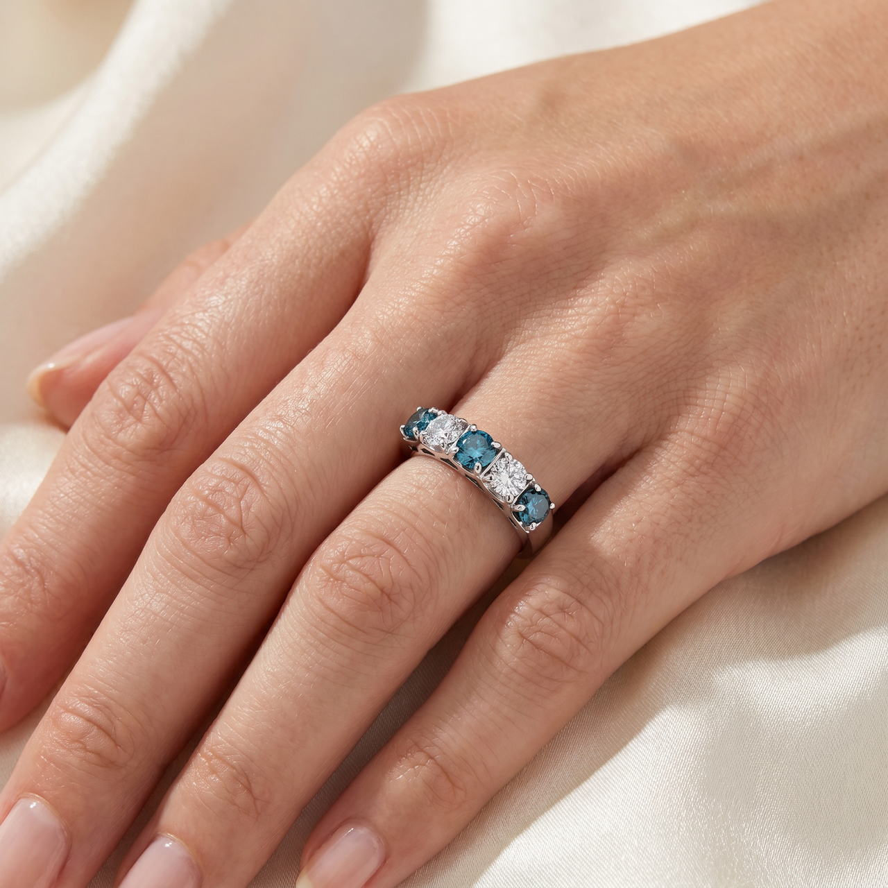 3 1/4Ct TW Five Stone Blue Diamond Wedding Ring 10k White Gold Lab Grown Band (G-H, VS2-SI1)