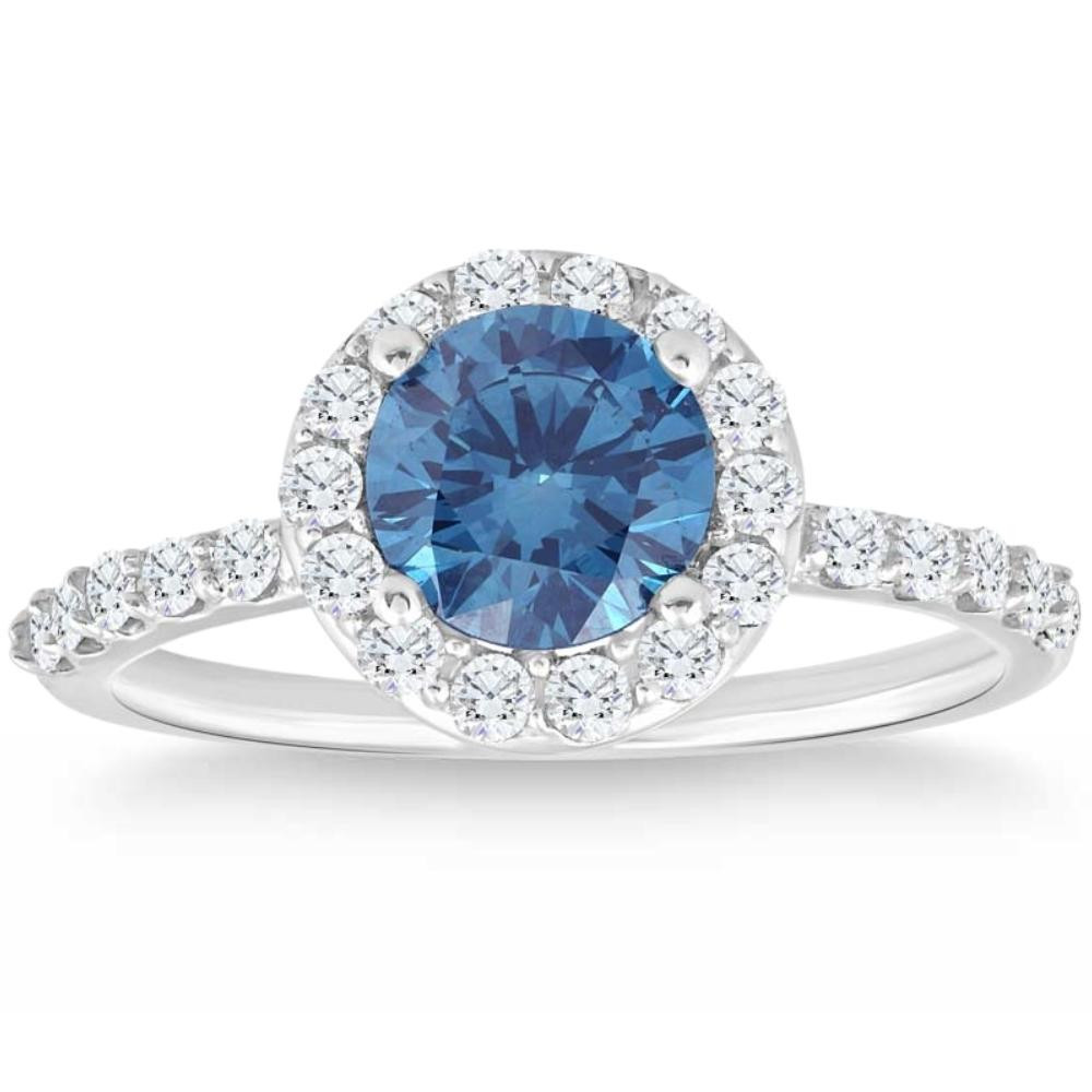 2Ct TW Blue & White Diamond Halo Engagement Ring in 14k White Gold (G-H, VS2-SI1)