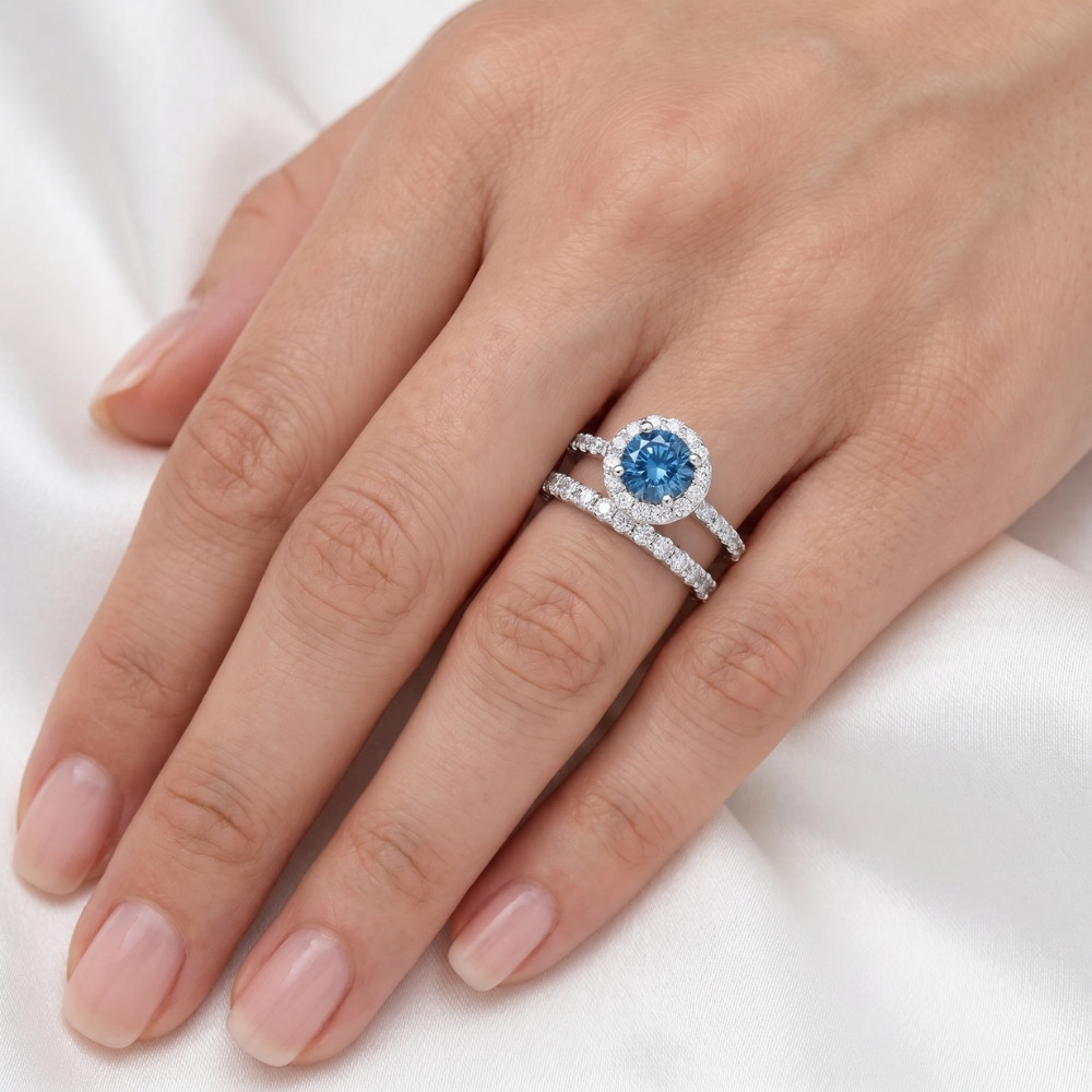 2Ct TW Blue & White Diamond Halo Engagement Ring in 14k White Gold (G-H, VS2-SI1)