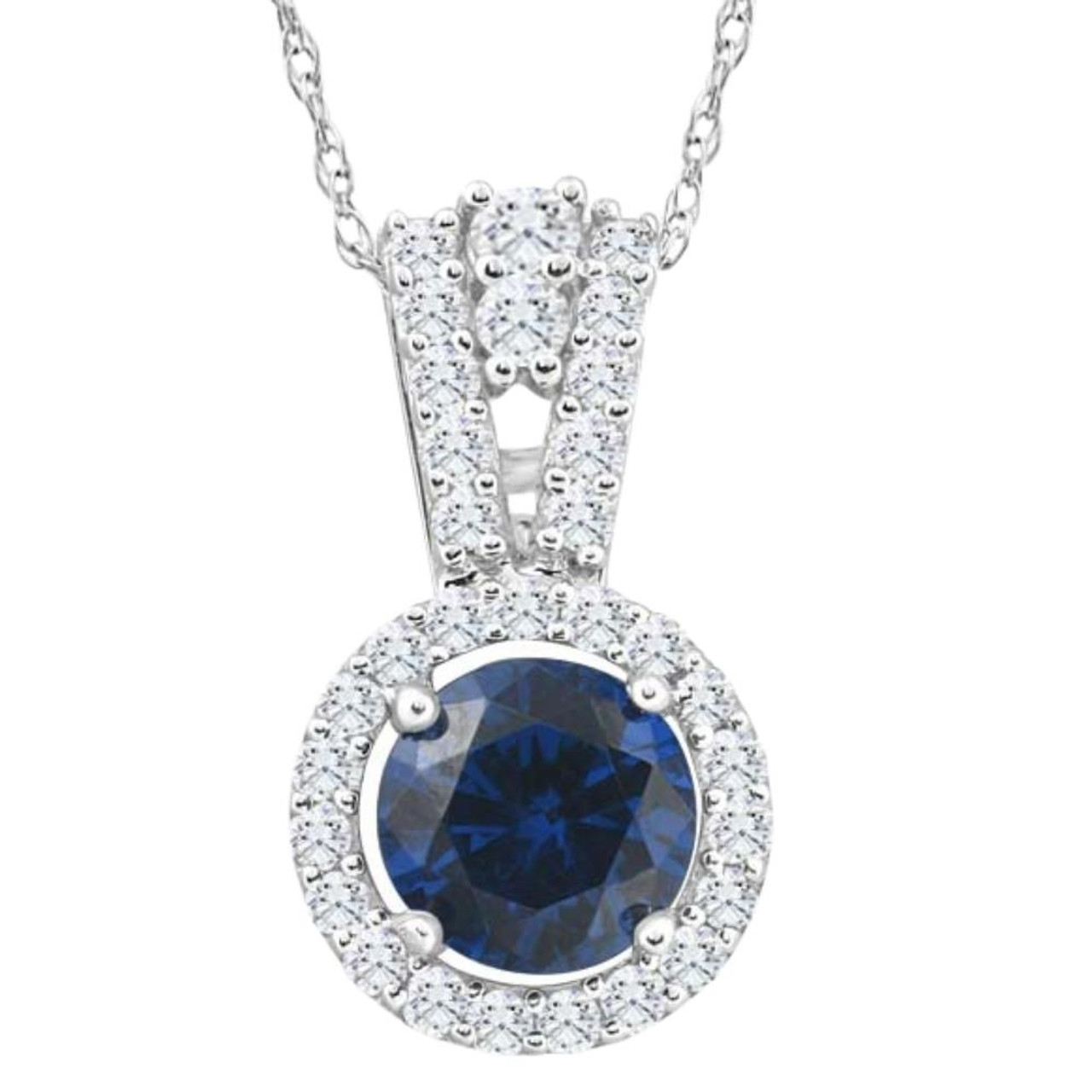 Certified Blue Sapphire & Diamond Necklace 1/15 ct tw 14K White Gold 18