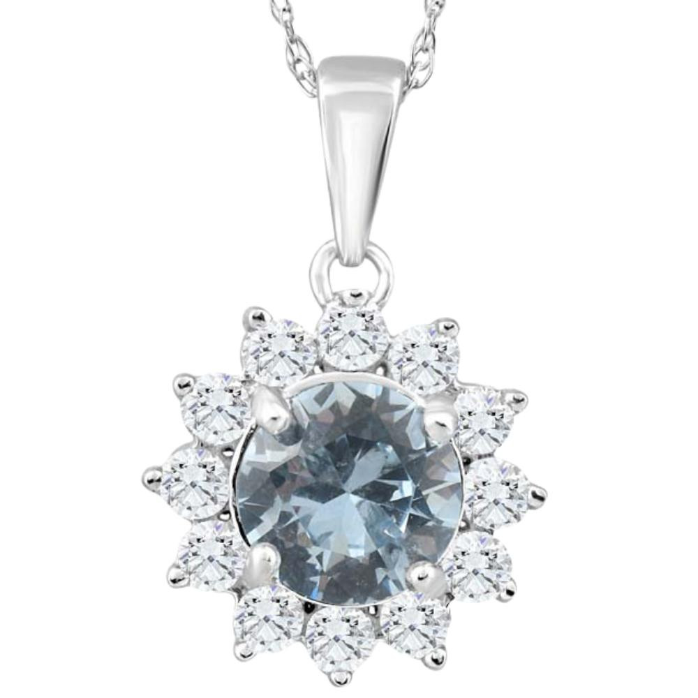 1 1/2Ct Blue Topaz & Diamond Halo Pendant 10k White Gold Women's Necklace (G-H, I2-I3)