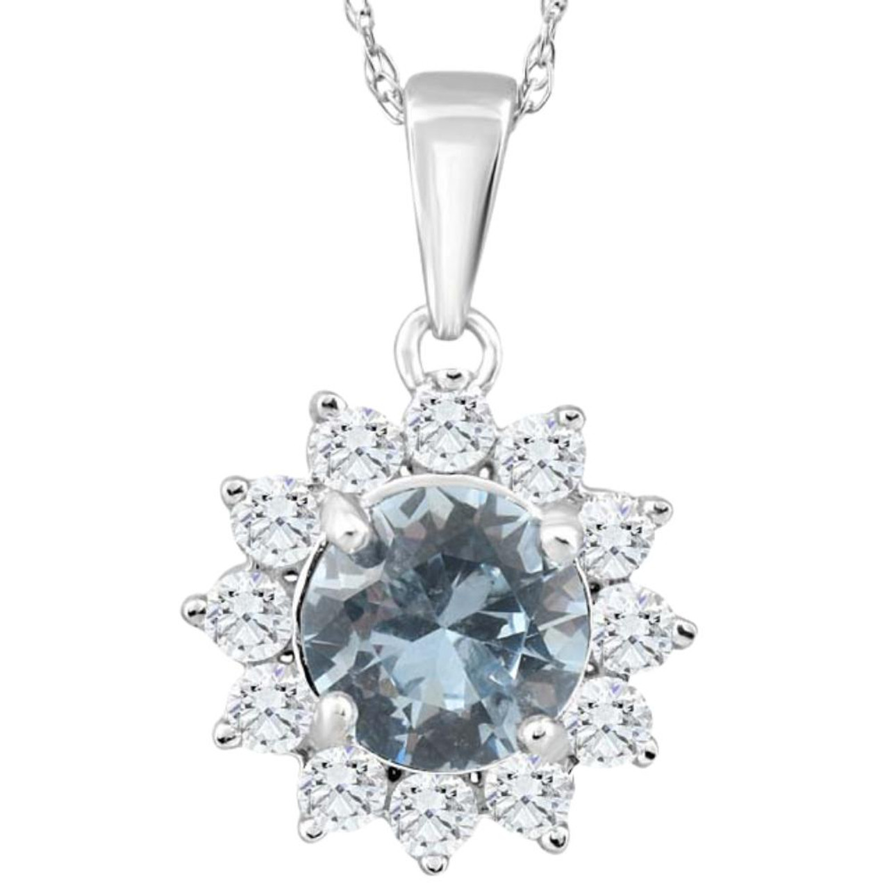 1 1/2Ct Blue Topaz & Diamond Halo Pendant 10k White Gold Women's Necklace  (G-H, I2-I3)
