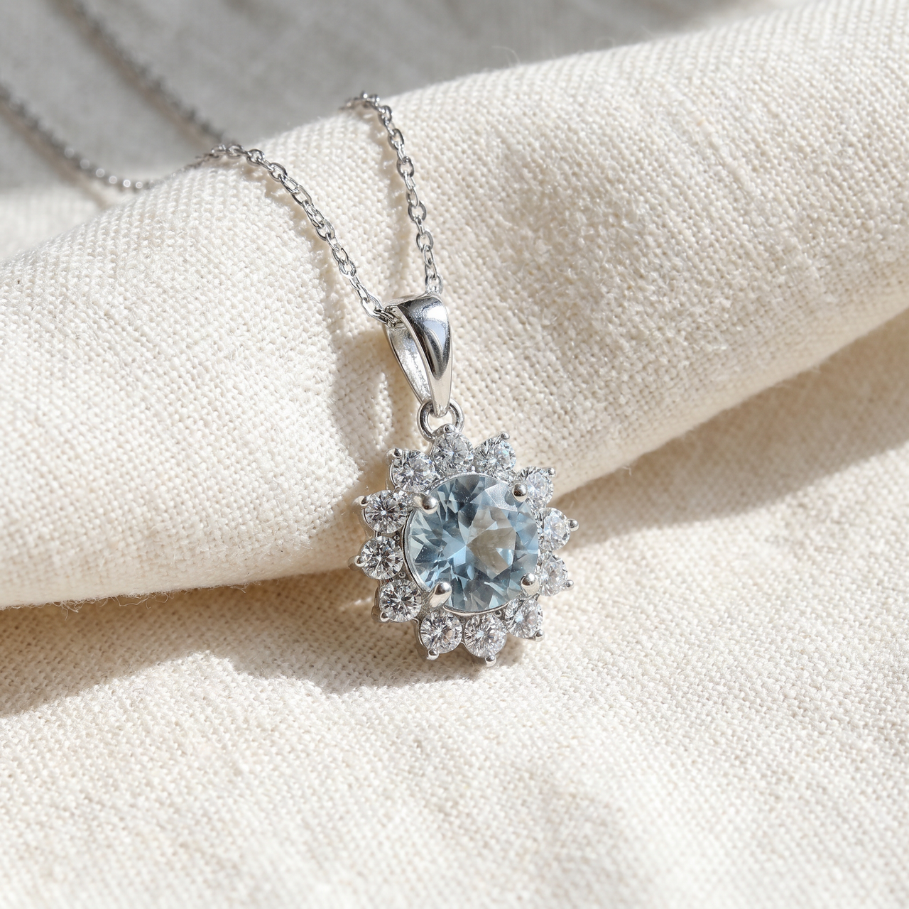 1 1/2Ct Blue Topaz & Diamond Halo Pendant 10k White Gold Women's Necklace (G-H, I2-I3)