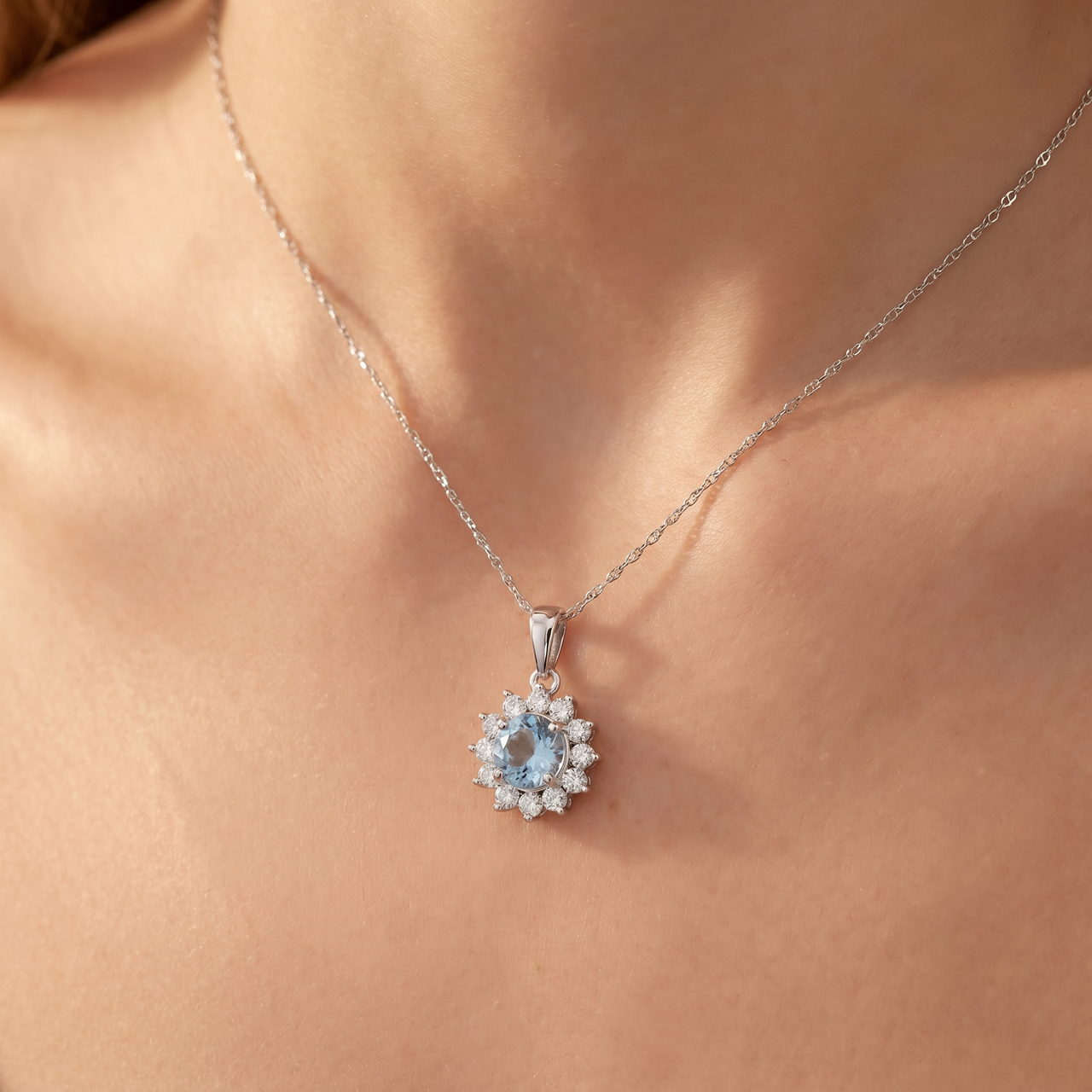 1 1/2Ct Blue Topaz & Diamond Halo Pendant 10k White Gold Women's Necklace (G-H, I2-I3)