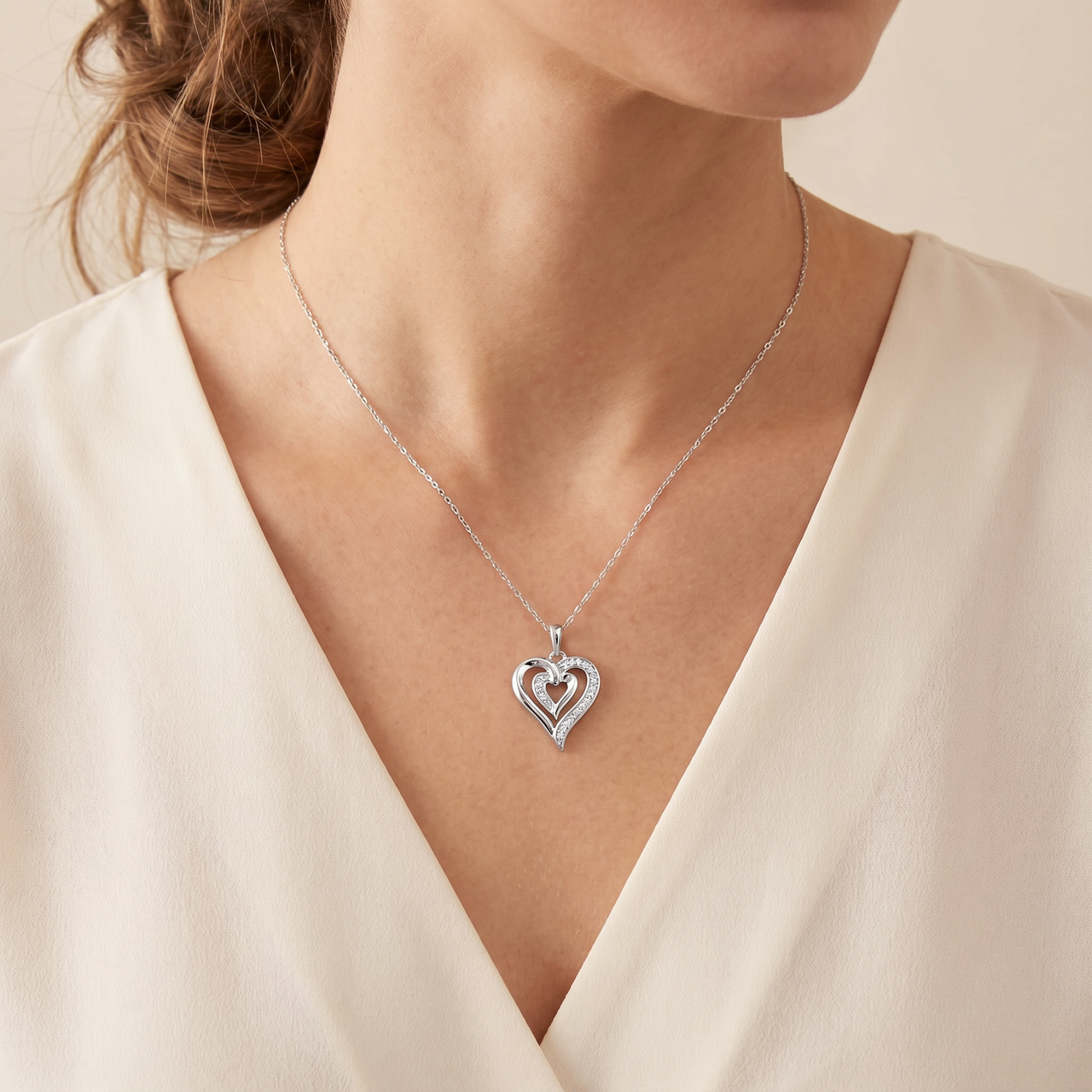 10K White Gold 1/10Ct TW Real Diamond Heart Pendant Necklace (G-H, I2-I3)