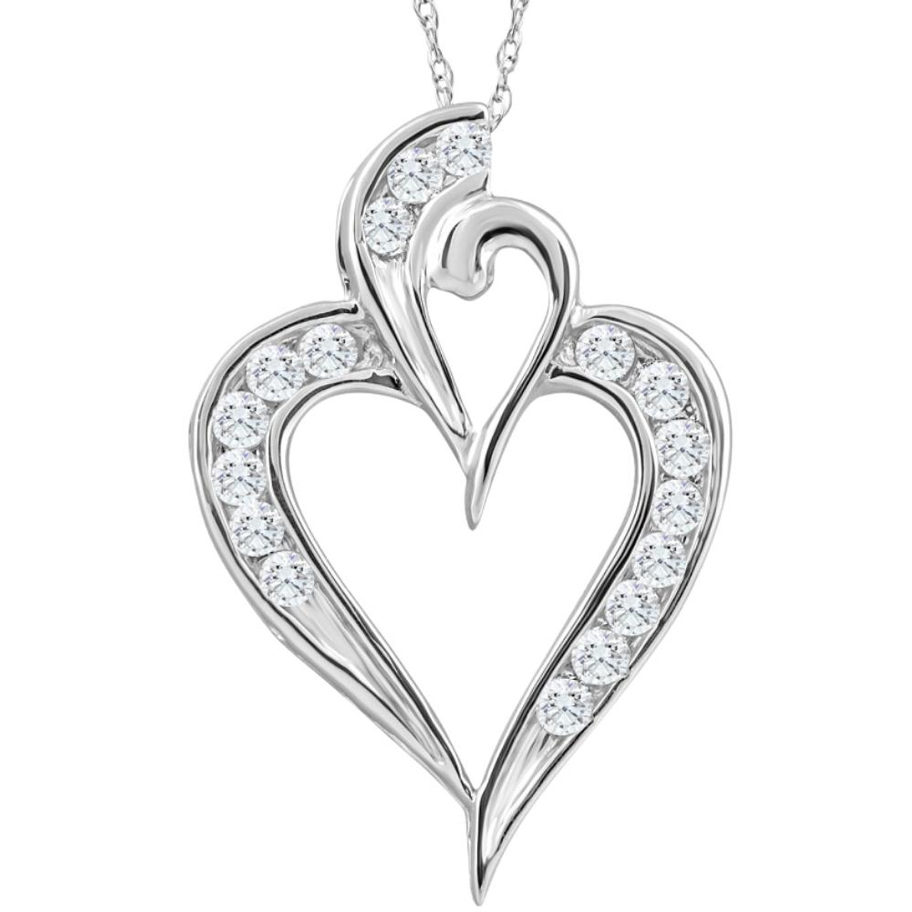 10K White Gold 1/2Ct TW Real Diamond Heart Pendant Necklace 1